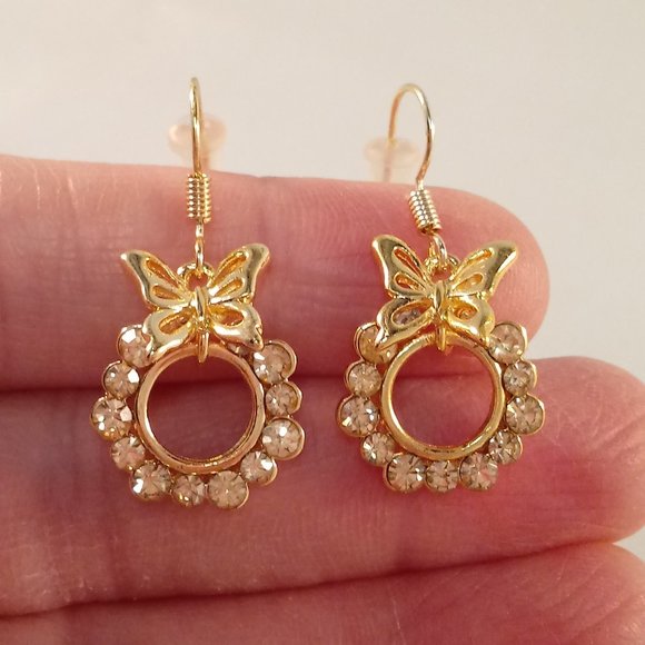 18K Yellow Gold Filled Butterfly Flower Pink Zircon Crystal Dangle Hook Earrings - Picture 2 of 3